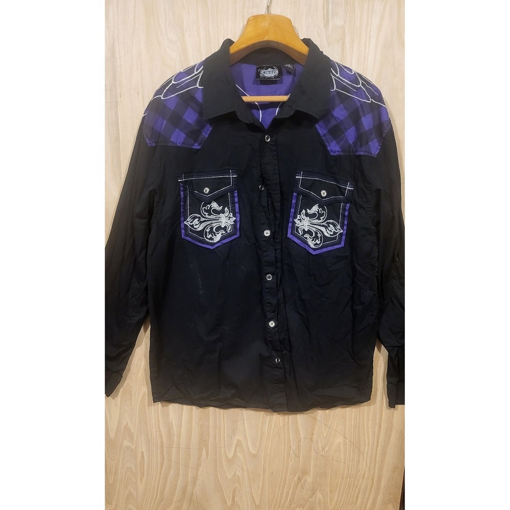 Y2K Glench Shirt Size 4XL‎ Black And Purple Embroidered Button Up Long Sleeve.